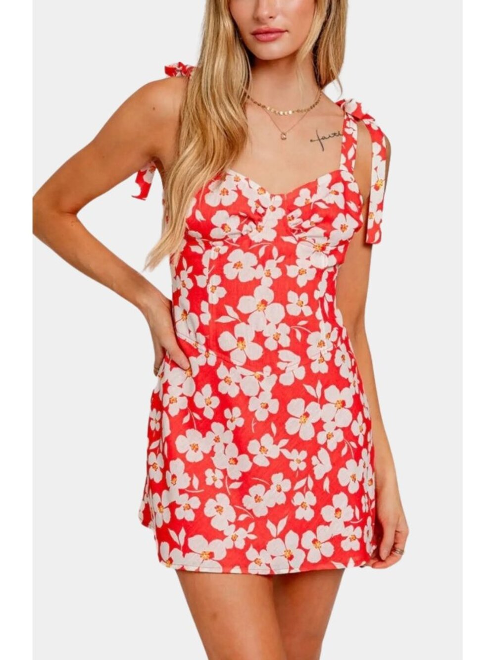 Hausen Hope Mini Dress Red White Floral Tie Strap Sundress Large - Picture 2 of 11